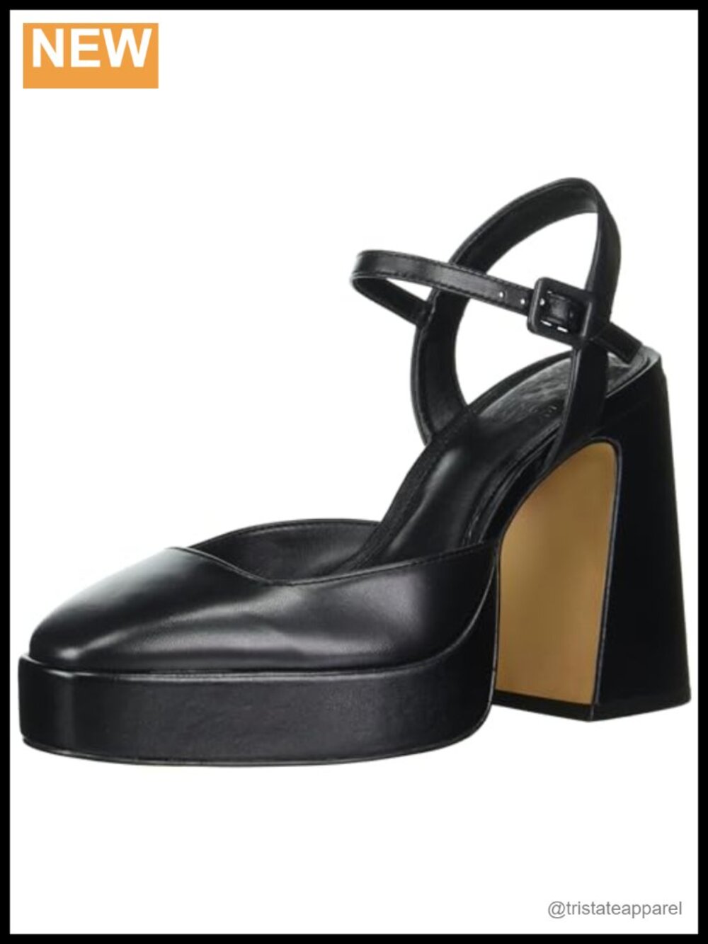 Leather Platform Block Heel Almond Toe Buckle Pump